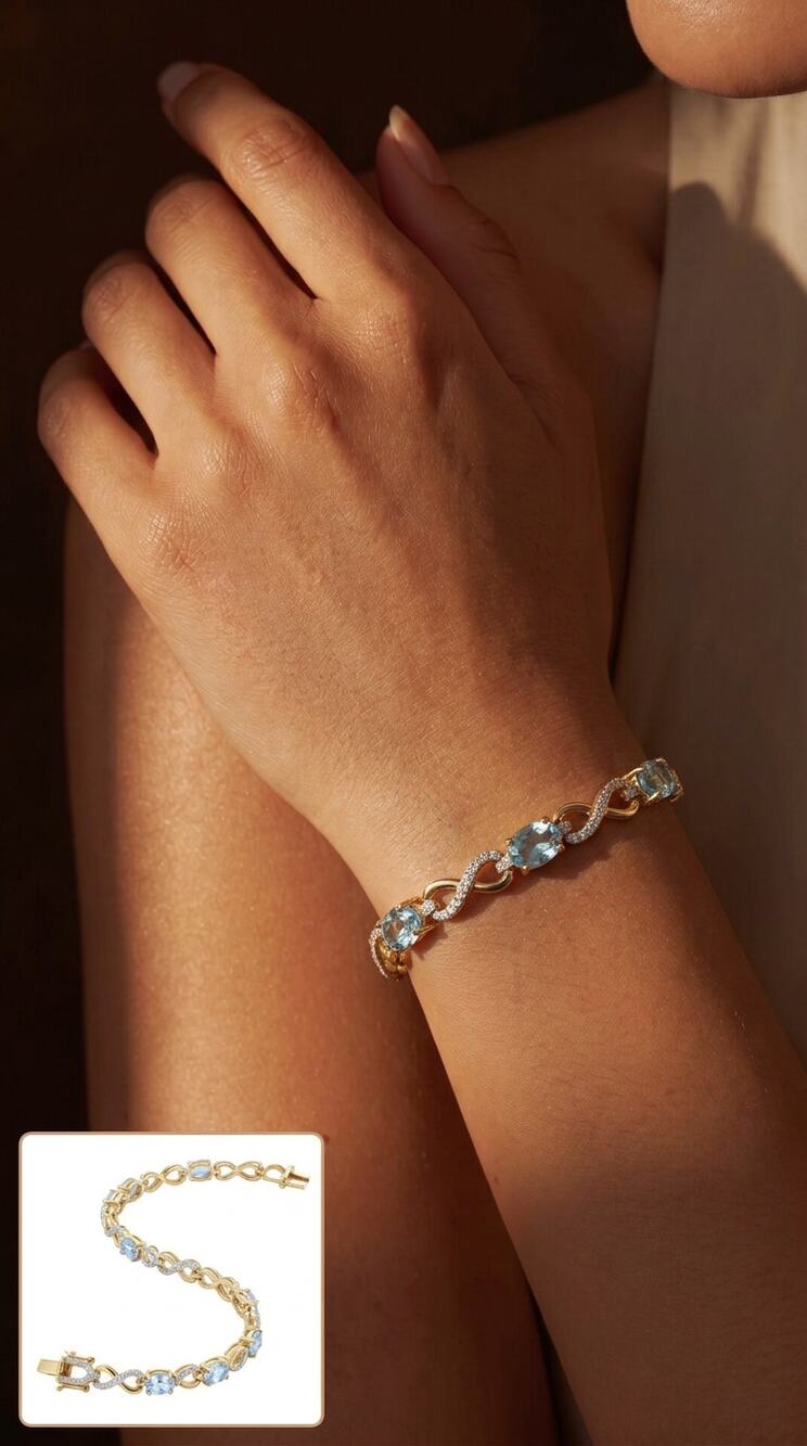 Vtg DBJ Genuine Blue Topaz Diamond Tennis Bracelet 18K Gold over 925 Silver XO